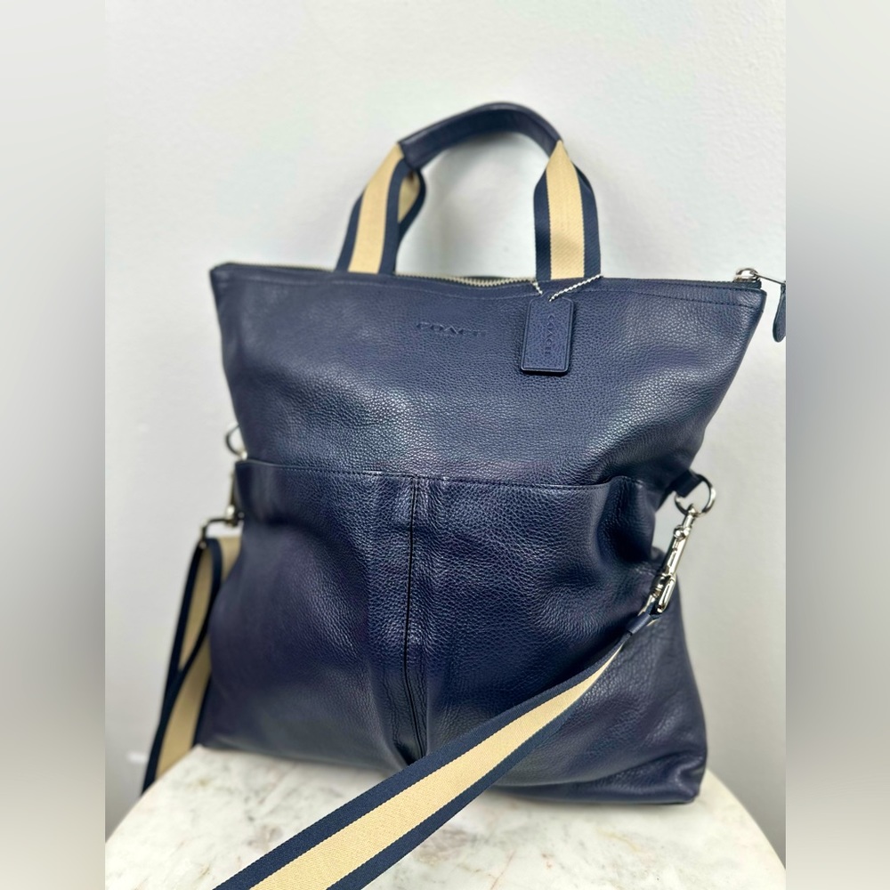 Coach Navy Blue Tote Bag with Beige Straps